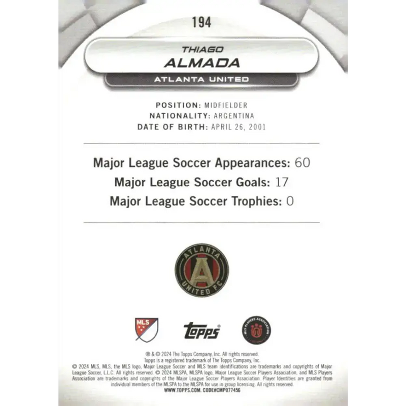 2024 Topps MLS Superstars #194 Thiago Almada NM-MT Atlanta United Soccer Card - Soccer Card Single