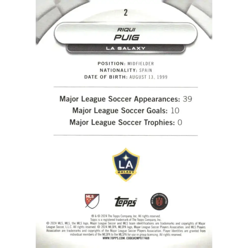 2024 Topps MLS Superstars #2 Riqui Puig NM-MT LA Galaxy Soccer Card - Soccer Card Single
