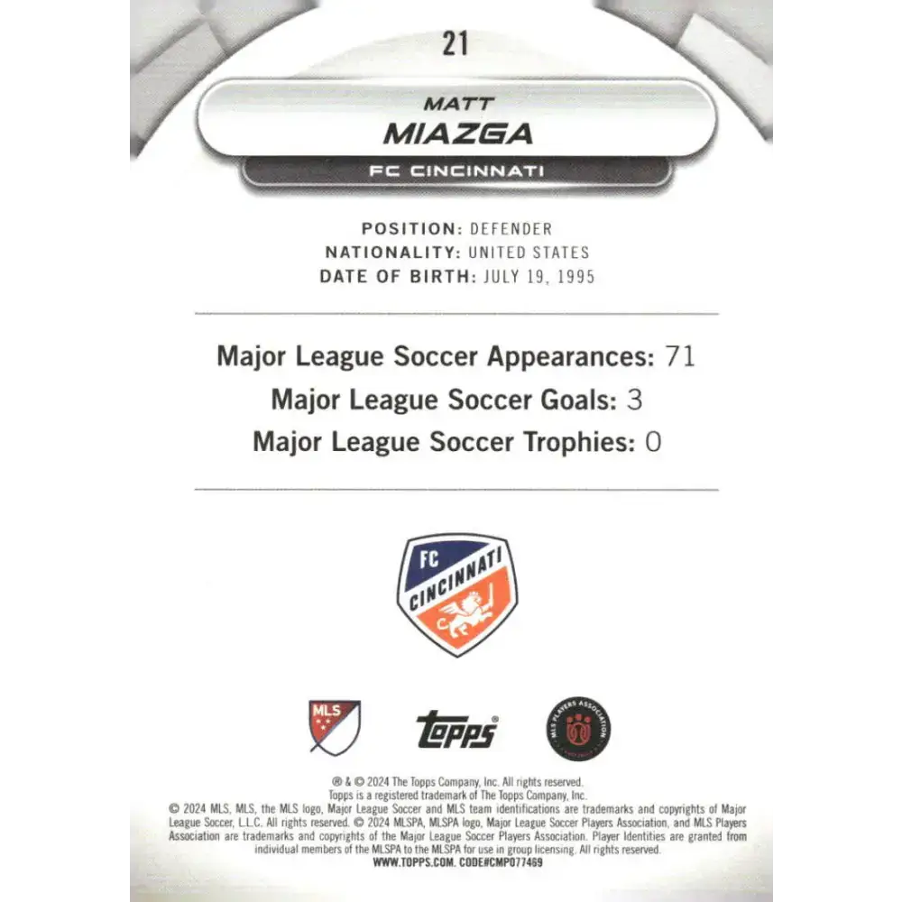 2024 Topps MLS Superstars #21 Matt Miazga NM-MT FC Cincinnati Soccer Card - Soccer Card Single