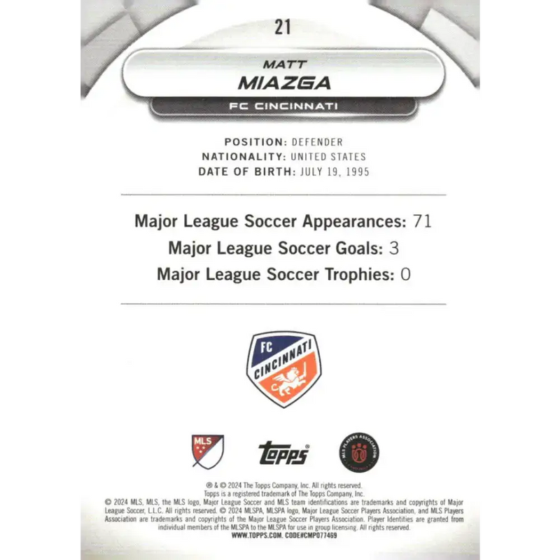 2024 Topps MLS Superstars #21 Matt Miazga NM-MT FC Cincinnati Soccer Card - Soccer Card Single