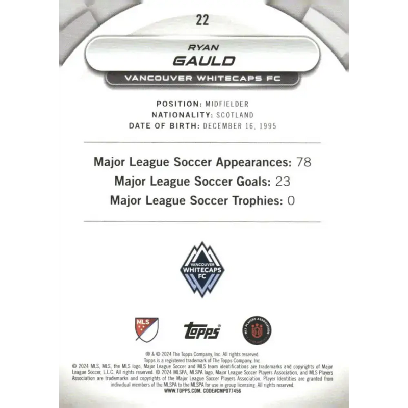 2024 Topps MLS Superstars #22 Ryan Gauld NM-MT Vancouver Whitecaps FC Soccer Card - Soccer Card Single
