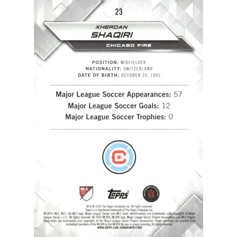 2024 Topps MLS Superstars #23 Xherdan Shaqiri NM-MT Chicago Fire Soccer Card - Soccer Card Single