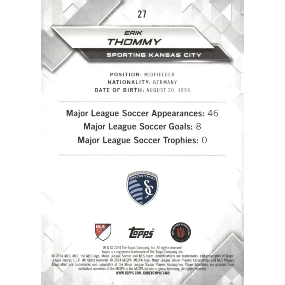2024 Topps MLS Superstars #27 Erik Thommy NM-MT Sporting Kansas City Soccer Card - Soccer Card Single