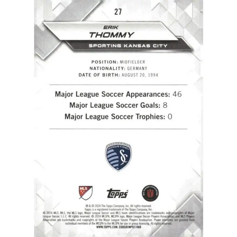 2024 Topps MLS Superstars #27 Erik Thommy NM-MT Sporting Kansas City Soccer Card - Soccer Card Single