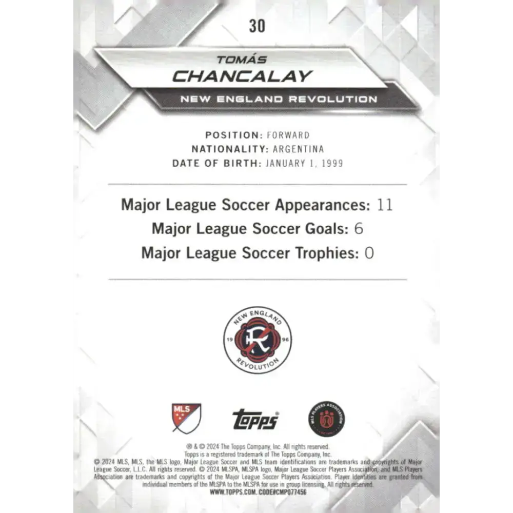 2024 Topps MLS Superstars #30 Tomas Chancalay NM-MT New England Revolution Soccer Card - Soccer Card Single