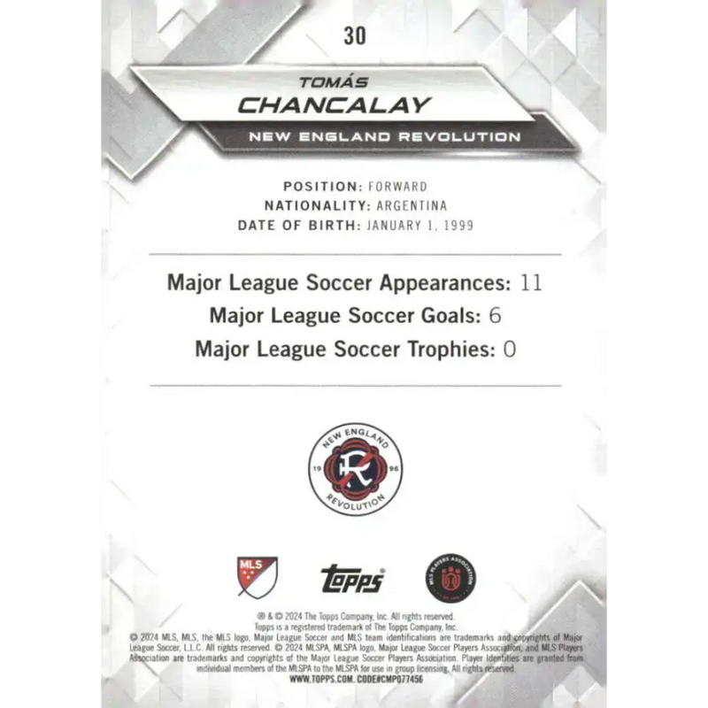 2024 Topps MLS Superstars #30 Tomas Chancalay NM-MT New England Revolution Soccer Card - Soccer Card Single