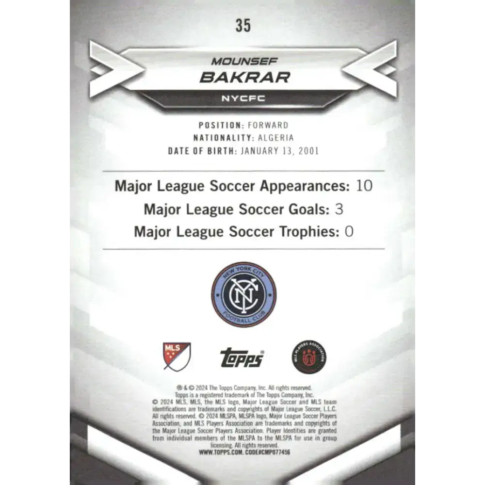2024 Topps MLS Superstars #35 Mounsef Bakrar NM-MT RC Rookie NYCFC Soccer Card - Soccer Card Single