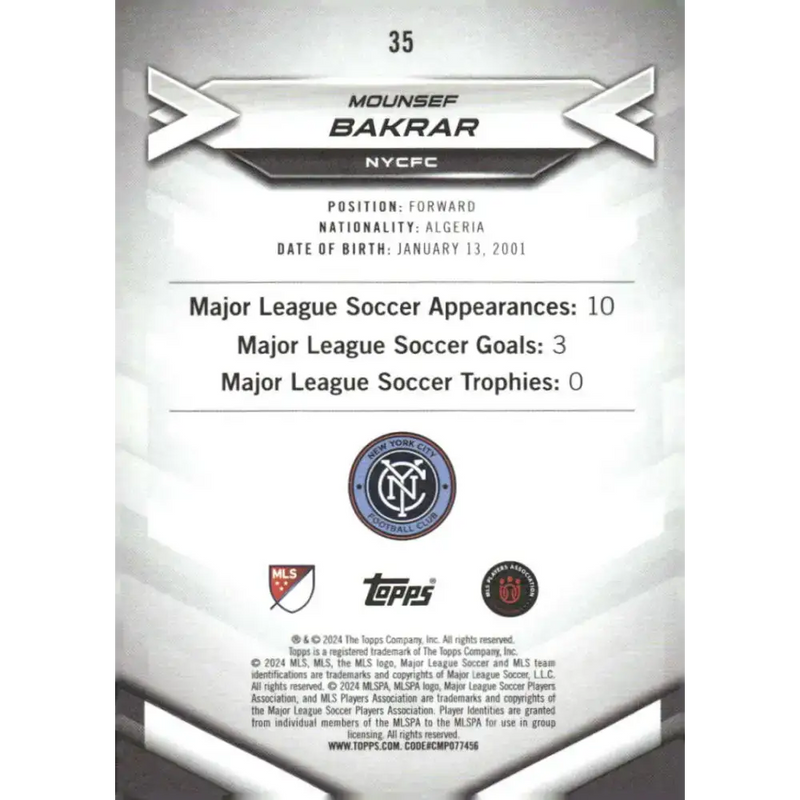 2024 Topps MLS Superstars #35 Mounsef Bakrar NM-MT RC Rookie NYCFC Soccer Card - Soccer Card Single