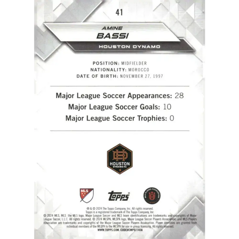2024 Topps MLS Superstars #41 Amine Bassi NM-MT Houston Dynamo Soccer Card - Soccer Card Single