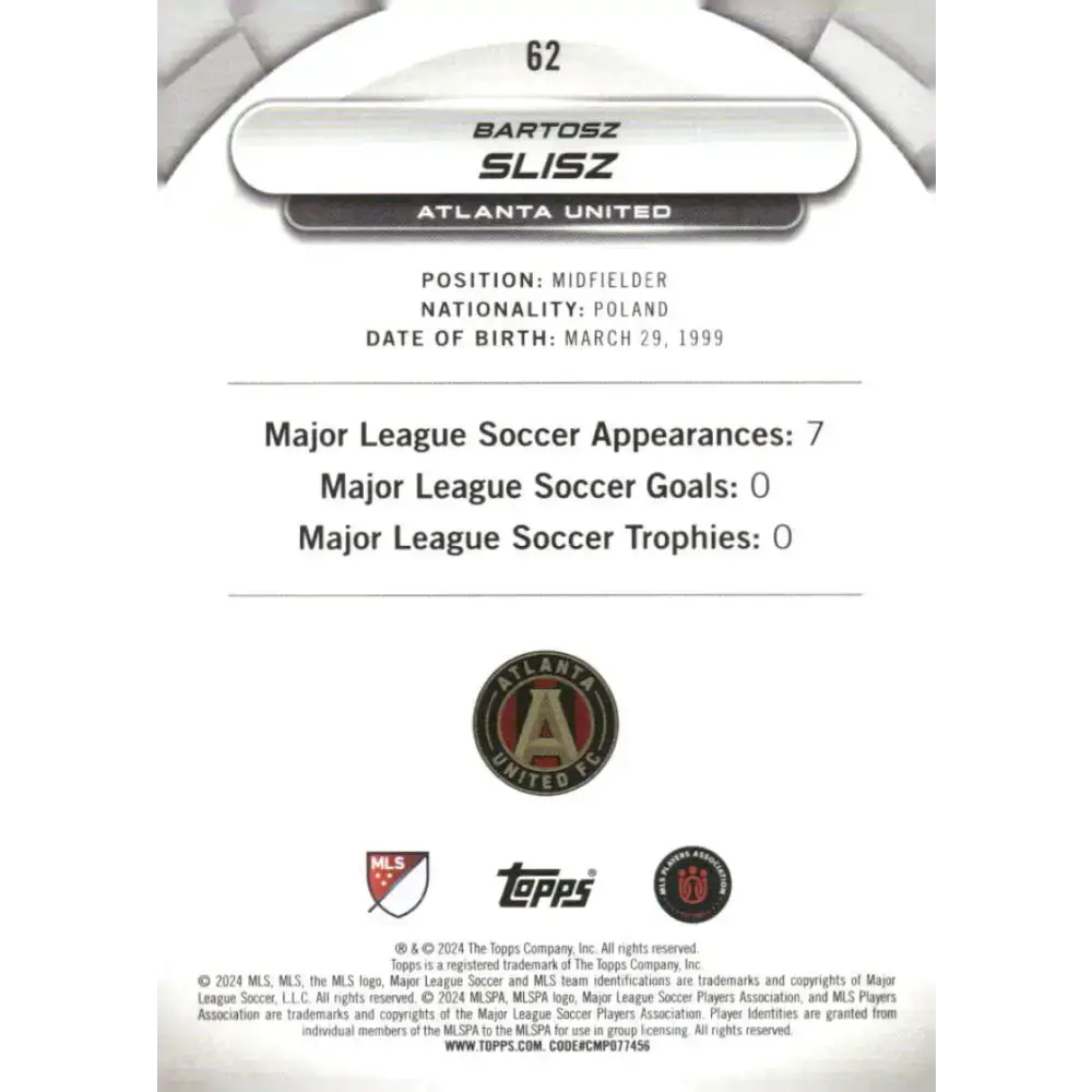 2024 Topps MLS Superstars #62 Bartosz Slisz NM-MT RC Rookie Atlanta United Soccer Card - Soccer Card Single