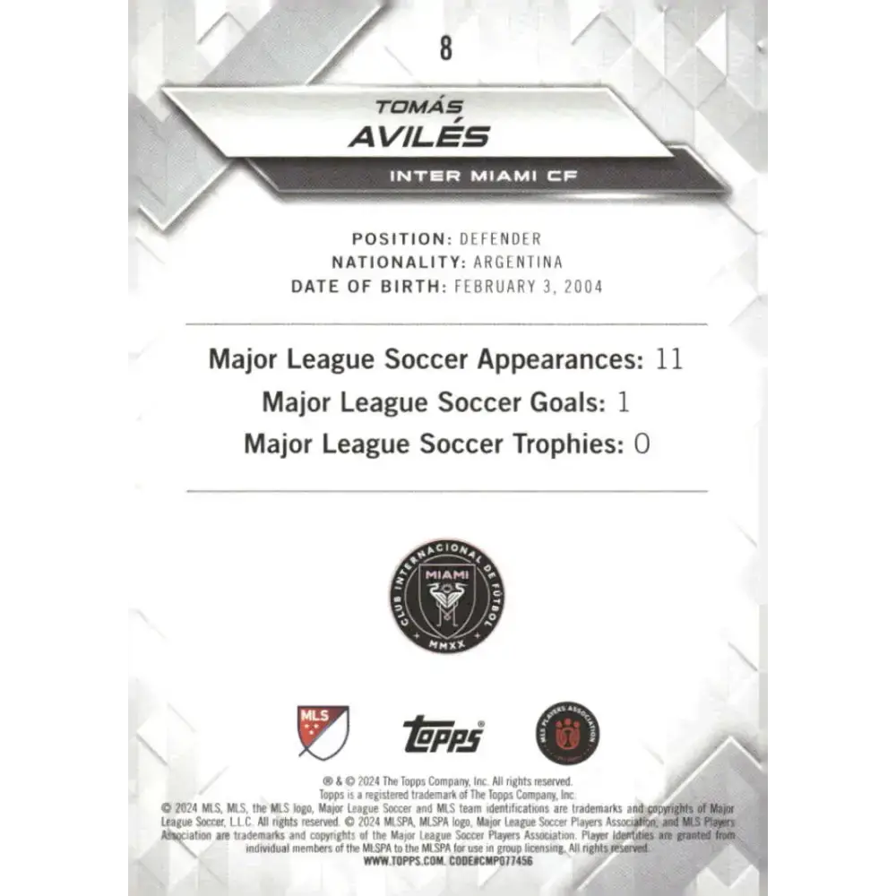 2024 Topps MLS Superstars #8 Tomas Aviles NM-MT RC Rookie Inter Miami CF Soccer Card - Soccer Card Single