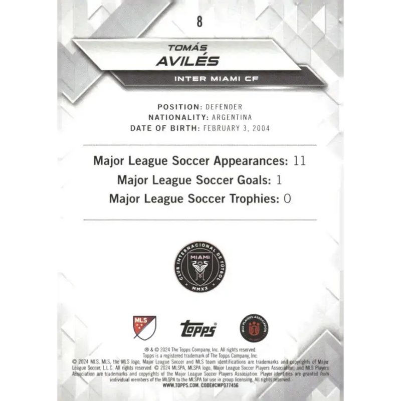 2024 Topps MLS Superstars #8 Tomas Aviles NM-MT RC Rookie Inter Miami CF Soccer Card - Soccer Card Single