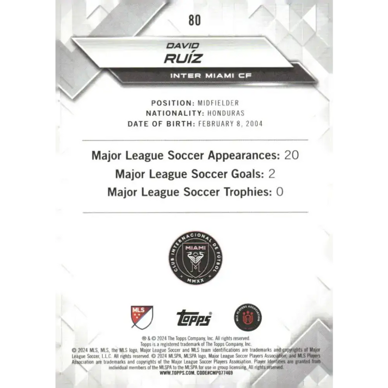 2024 Topps MLS Superstars #80 David Ruiz NM-MT RC Rookie Inter Miami CF Soccer Card - Soccer Card Single