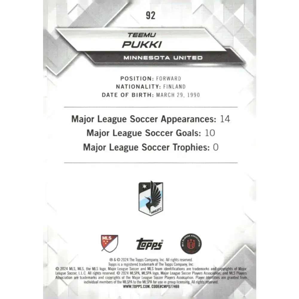 2024 Topps MLS Superstars #92 Teemu Pukki NM-MT Minnesota United Soccer Card - Soccer Card Single