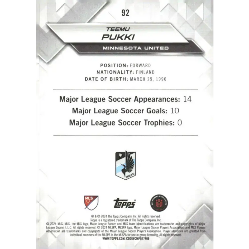 2024 Topps MLS Superstars #92 Teemu Pukki NM-MT Minnesota United Soccer Card - Soccer Card Single