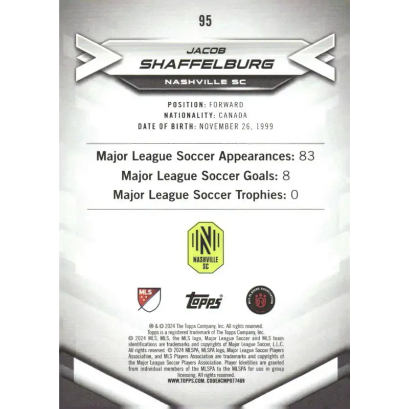 2024 Topps MLS Superstars #95 Jacob Shaffelburg NM-MT Nashville SC Soccer Card - Soccer Card Single
