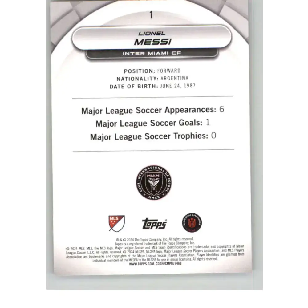 2024 Topps MLS Superstars Common Yellow #1 Lionel Messi NM-MT Inter Miami CF Soccer Card - Soccer Card Single