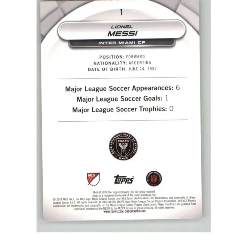 2024 Topps MLS Superstars Common Yellow #1 Lionel Messi NM-MT Inter Miami CF Soccer Card - Soccer Card Single