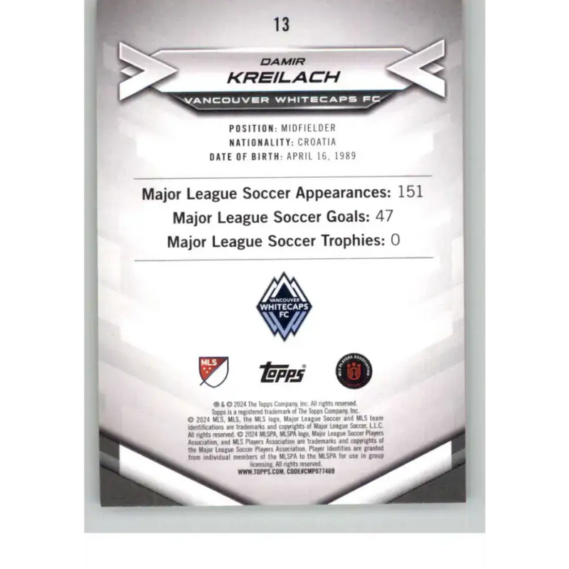 2024 Topps MLS Superstars Common Yellow #13 Damir Kreilach NM-MT Vancouver Whitecaps FC Soccer Card - Soccer Card Single