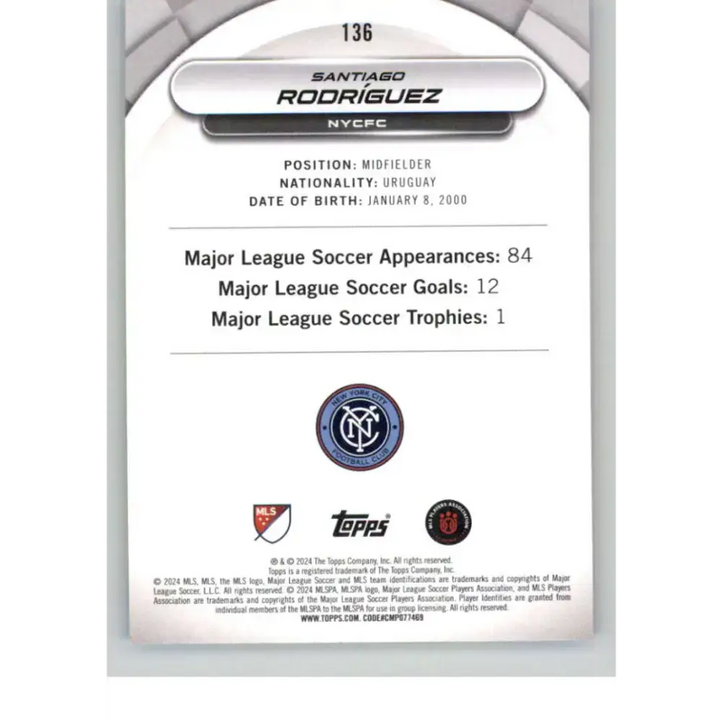 2024 Topps MLS Superstars Common Yellow #136 Santiago Rodriguez NM-MT RC Rookie NYCFC Soccer Card - Soccer Card Single