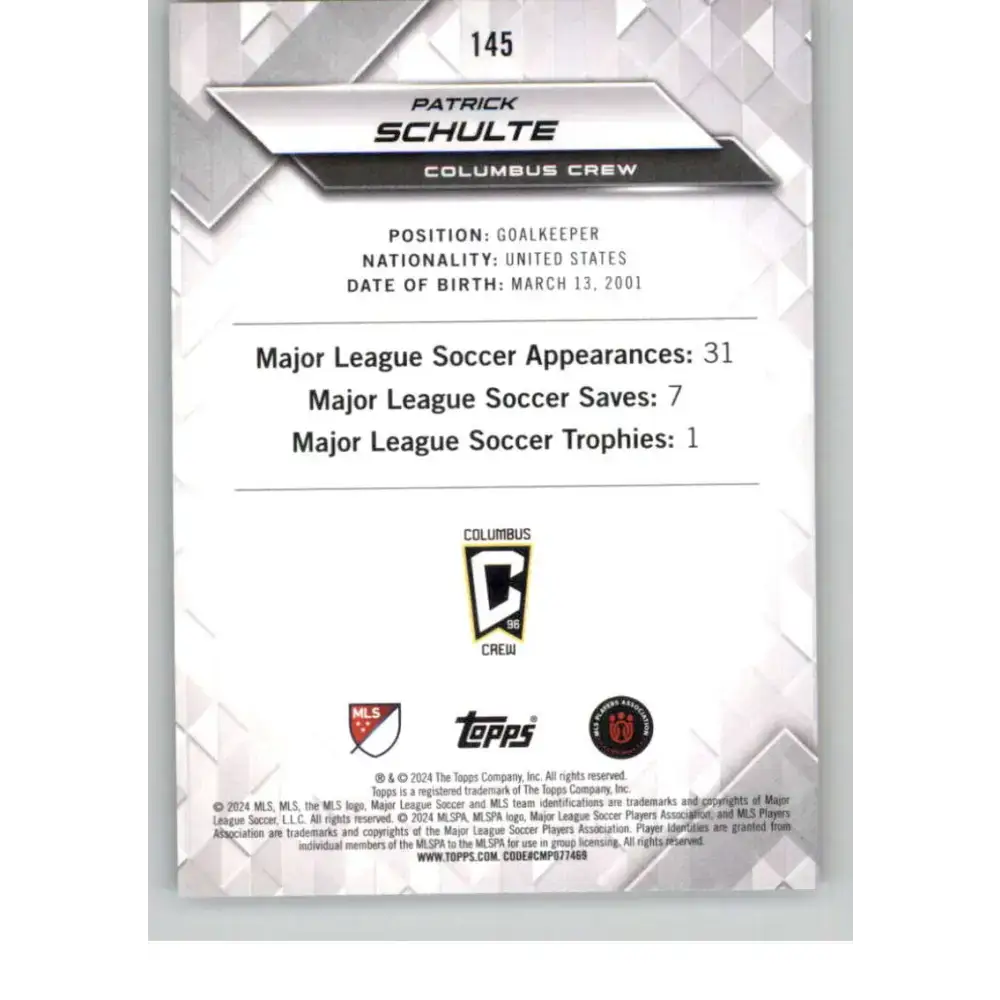 2024 Topps MLS Superstars Common Yellow #145 Patrick Schulte NM-MT Columbus Crew Soccer Card - Soccer Card Single