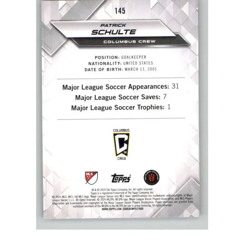 2024 Topps MLS Superstars Common Yellow #145 Patrick Schulte NM-MT Columbus Crew Soccer Card - Soccer Card Single