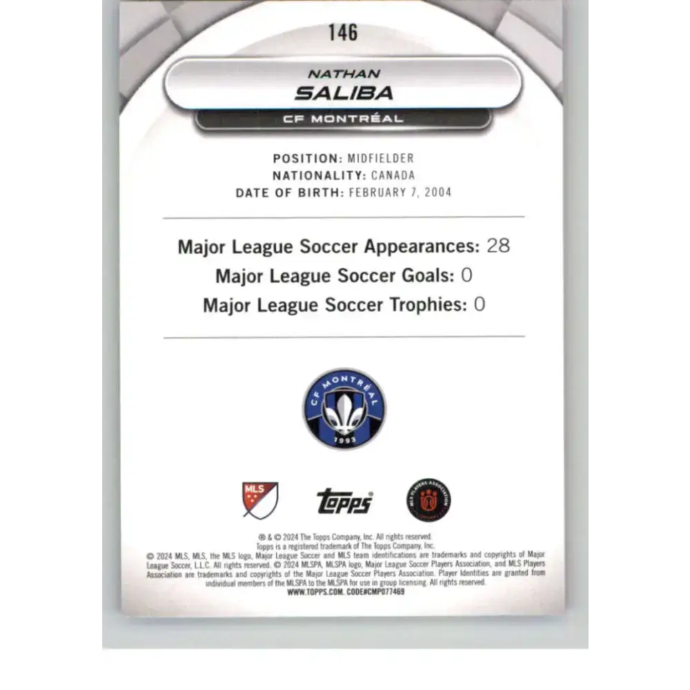 2024 Topps MLS Superstars Common Yellow #146 Nathan Saliba NM-MT RC Rookie CF Montreal Soccer Card - Soccer Card Single