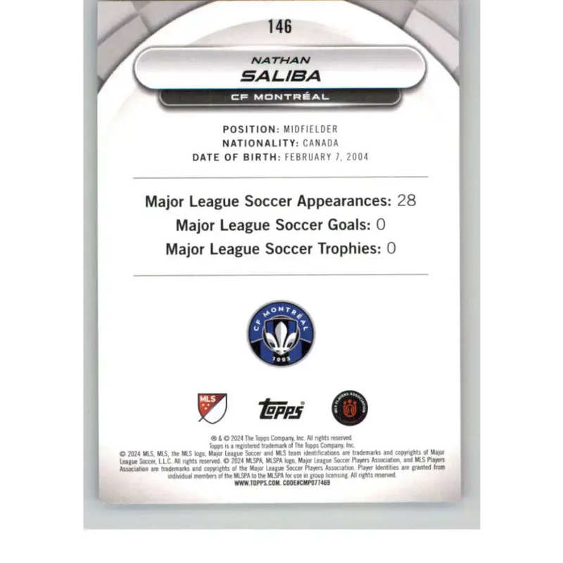 2024 Topps MLS Superstars Common Yellow #146 Nathan Saliba NM-MT RC Rookie CF Montreal Soccer Card - Soccer Card Single