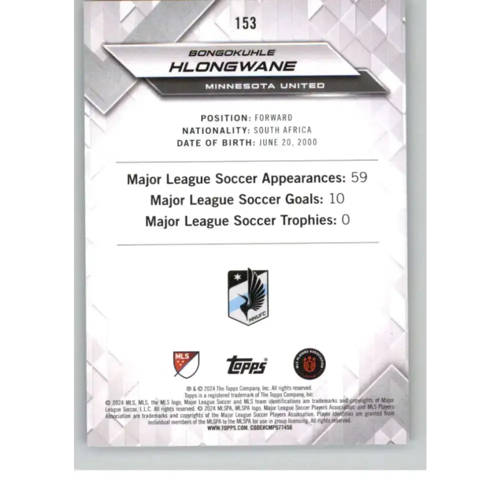 2024 Topps MLS Superstars Common Yellow #153 Bongokuhle Hlongwane NM-MT Minnesota United Soccer Card - Soccer Card
