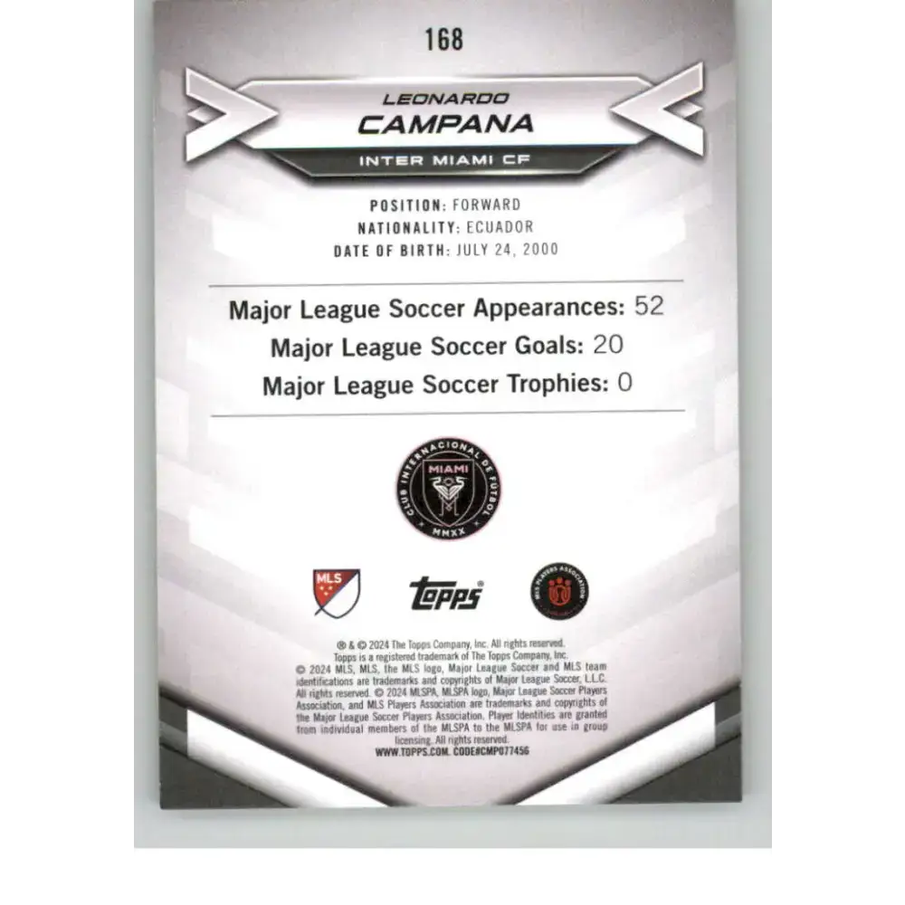 2024 Topps MLS Superstars Common Yellow #168 Leonardo Campana NM-MT RC Rookie Inter Miami CF Soccer Card - Soccer Card