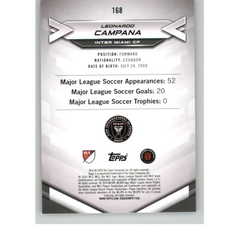 2024 Topps MLS Superstars Common Yellow #168 Leonardo Campana NM-MT RC Rookie Inter Miami CF Soccer Card - Soccer Card
