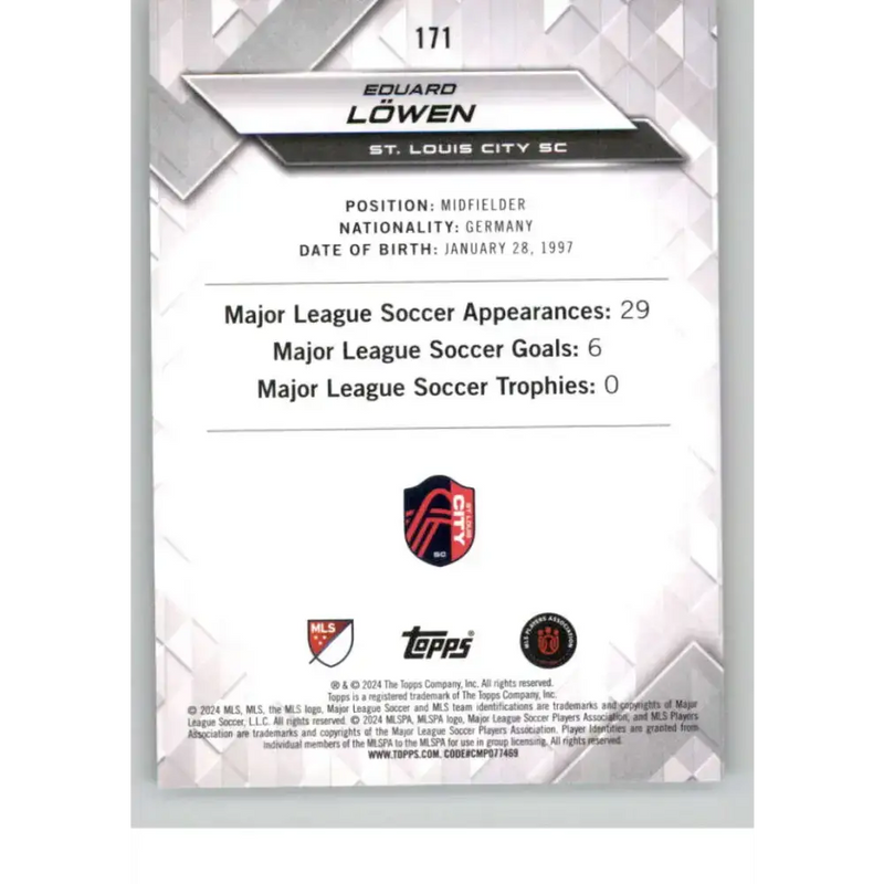 2024 Topps MLS Superstars Common Yellow #171 Eduard Lowen NM-MT St. Louis City SC Soccer Card - Soccer Card Single