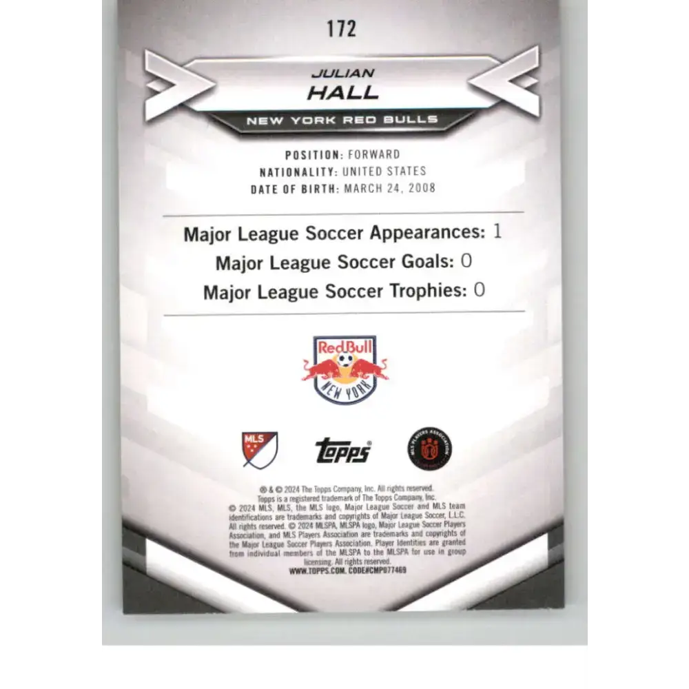2024 Topps MLS Superstars Common Yellow #172 Julian Hall NM-MT RC Rookie New York Red Bulls Soccer Card - Soccer Card