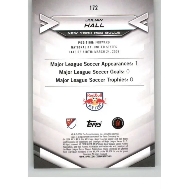 2024 Topps MLS Superstars Common Yellow #172 Julian Hall NM-MT RC Rookie New York Red Bulls Soccer Card - Soccer Card