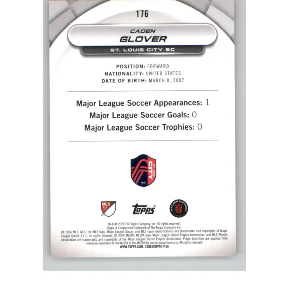 2024 Topps MLS Superstars Common Yellow #176 Caden Glover NM-MT St. Louis City SC Soccer Card - Soccer Card Single