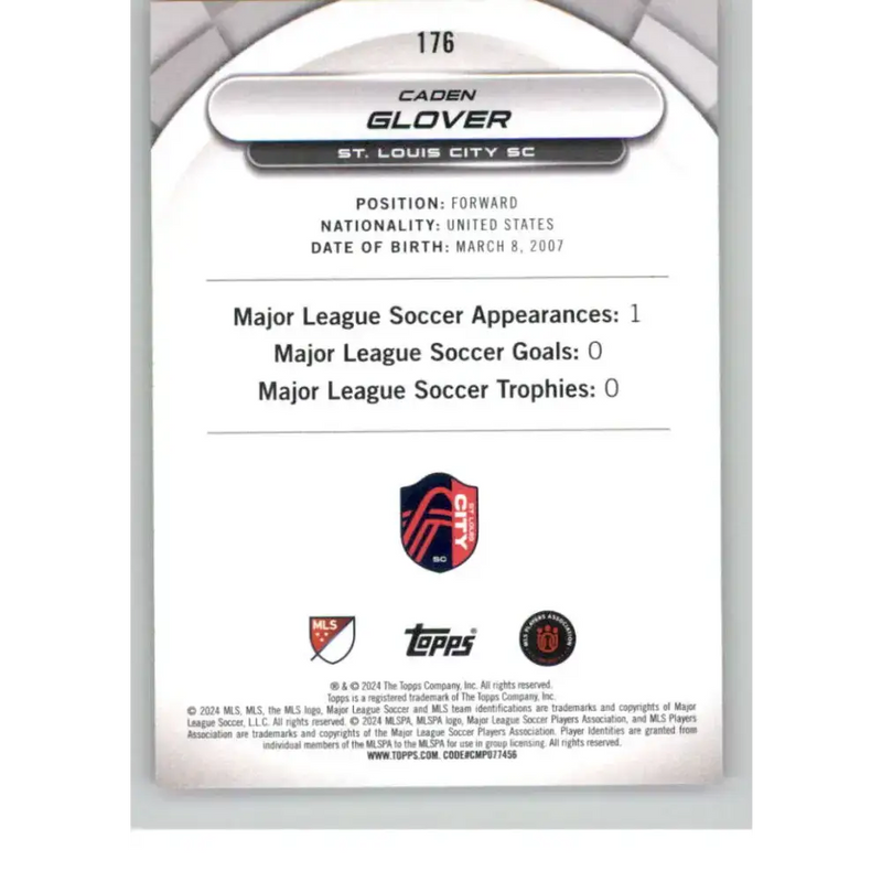 2024 Topps MLS Superstars Common Yellow #176 Caden Glover NM-MT St. Louis City SC Soccer Card - Soccer Card Single