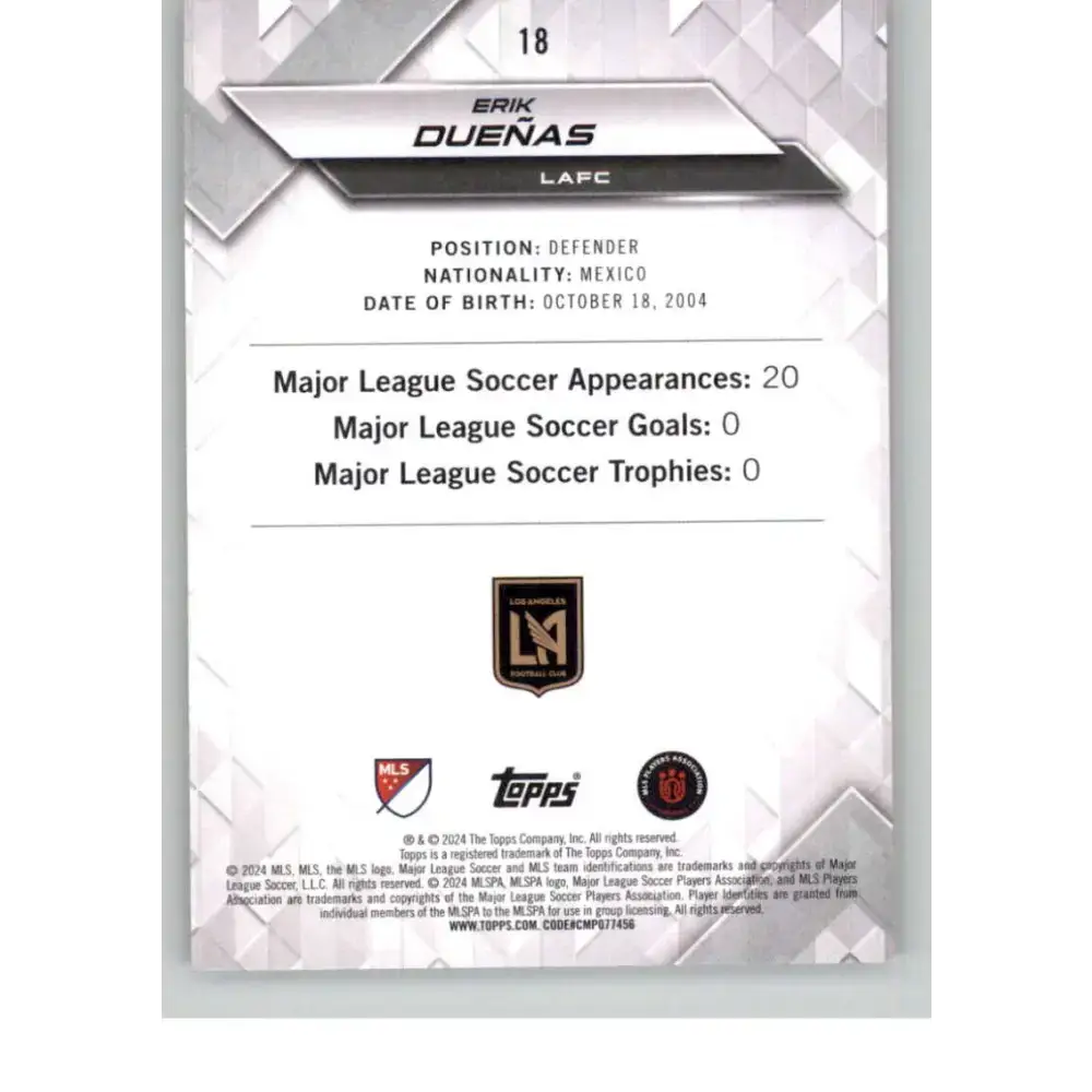 2024 Topps MLS Superstars Common Yellow #18 Erik Duenas NM-MT RC Rookie LAFC Soccer Card - Soccer Card Single