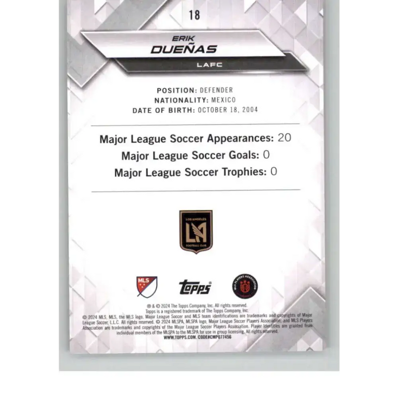2024 Topps MLS Superstars Common Yellow #18 Erik Duenas NM-MT RC Rookie LAFC Soccer Card - Soccer Card Single