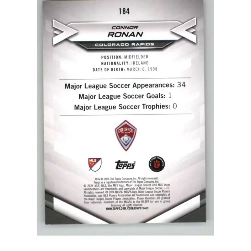 2024 Topps MLS Superstars Common Yellow #184 Connor Ronan NM-MT Colorado Rapids Soccer Card - Soccer Card Single