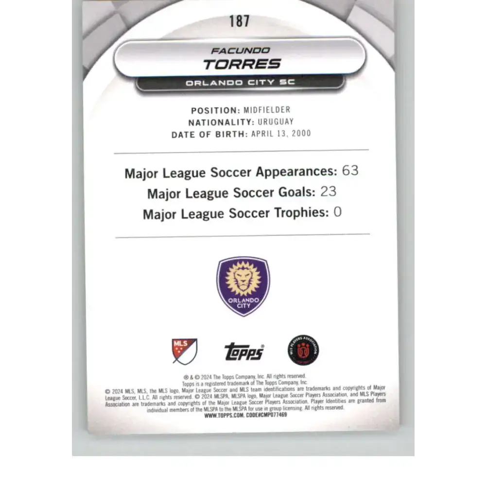 2024 Topps MLS Superstars Common Yellow #187 Facundo Torres NM-MT Orlando City SC Soccer Card - Soccer Card Single