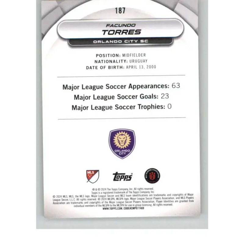 2024 Topps MLS Superstars Common Yellow #187 Facundo Torres NM-MT Orlando City SC Soccer Card - Soccer Card Single