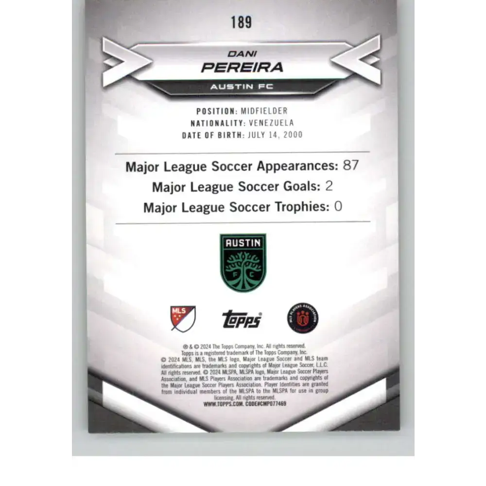 2024 Topps MLS Superstars Common Yellow #189 Dani Pereira NM-MT Austin FC Soccer Card - Soccer Card Single