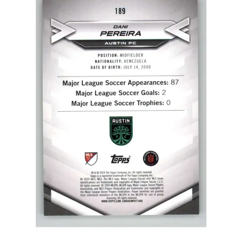2024 Topps MLS Superstars Common Yellow #189 Dani Pereira NM-MT Austin FC Soccer Card - Soccer Card Single
