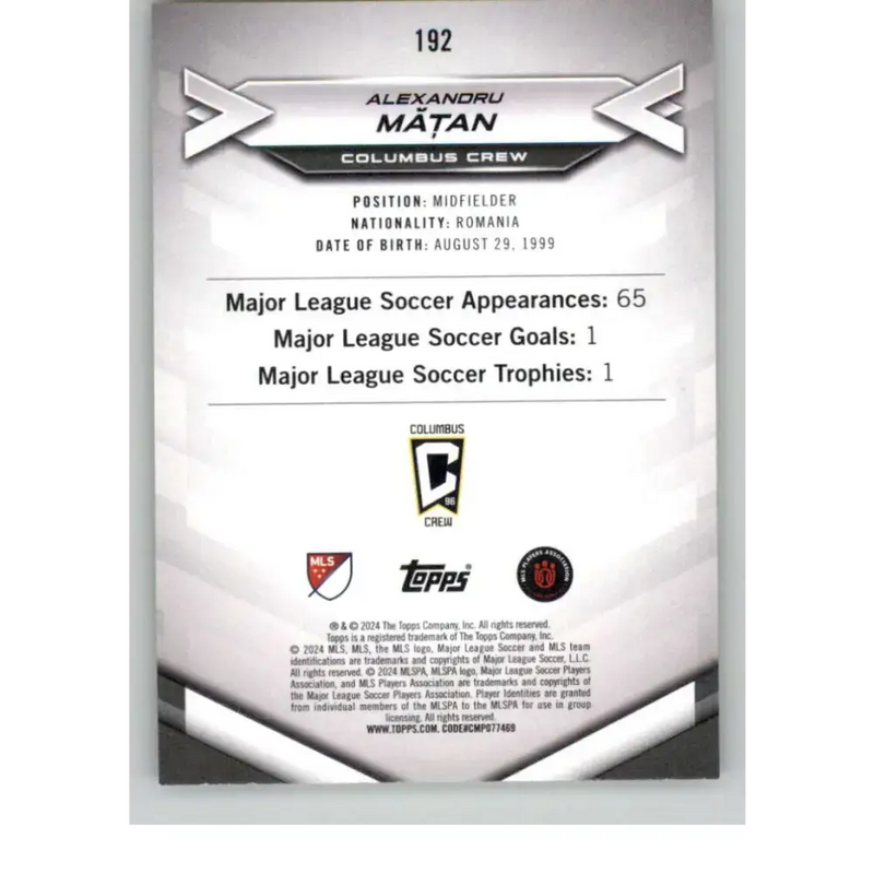 2024 Topps MLS Superstars Common Yellow #192 Alexandru Matan NM-MT RC Rookie Columbus Crew Soccer Card - Soccer Card