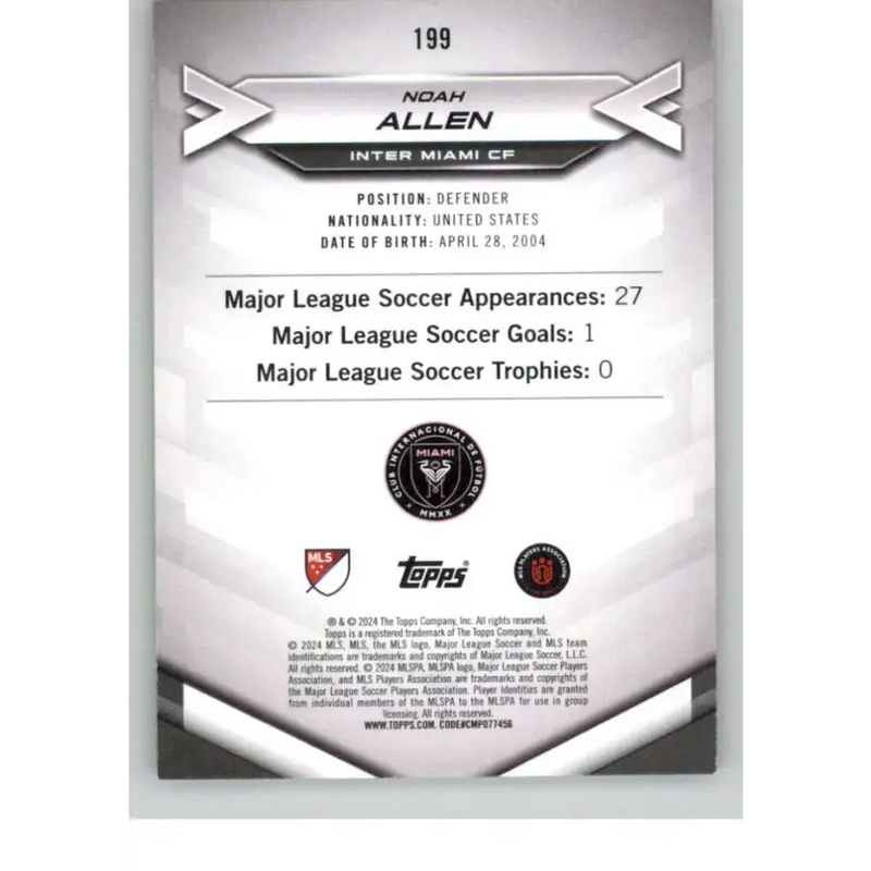 2024 Topps MLS Superstars Common Yellow #199 Noah Allen NM-MT RC Rookie Inter Miami CF Soccer Card - Soccer Card Single
