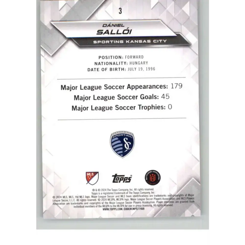 2024 Topps MLS Superstars Common Yellow #3 Daniel Salloi NM-MT Sporting Kansas City Soccer Card - Soccer Card Single