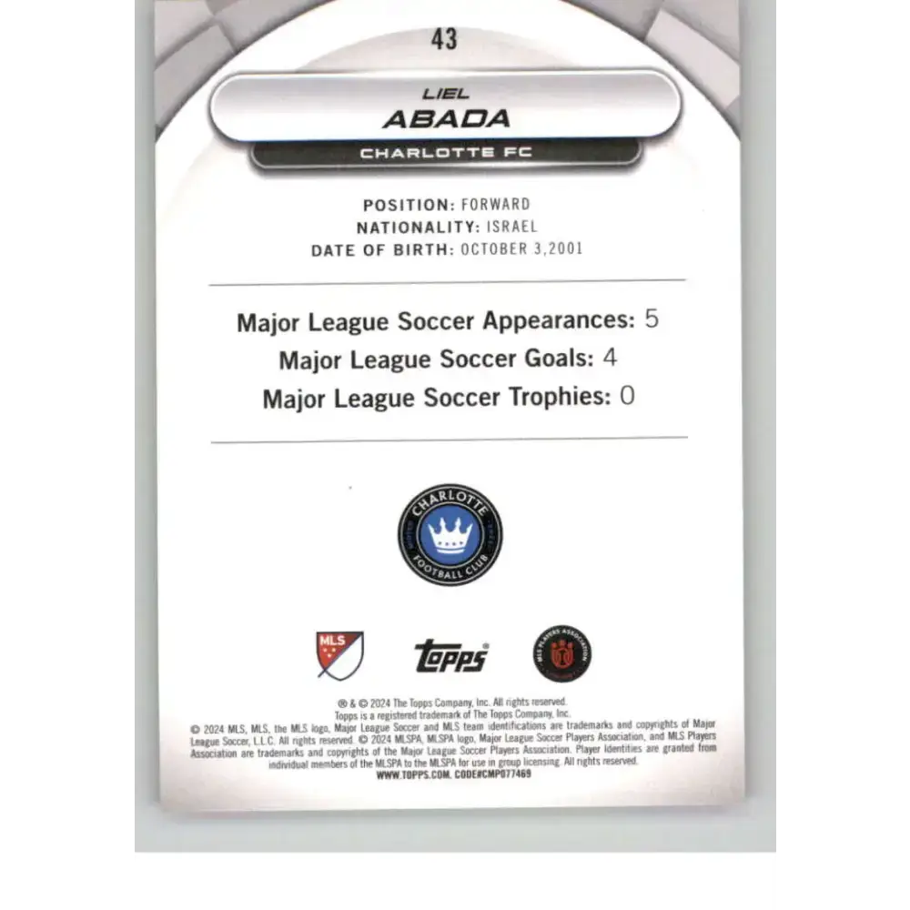 2024 Topps MLS Superstars Common Yellow #43 Liel Abada NM-MT Charlotte FC Soccer Card - Soccer Card Single