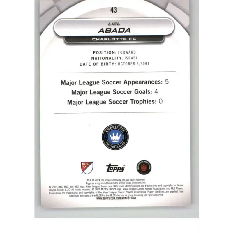 2024 Topps MLS Superstars Common Yellow #43 Liel Abada NM-MT Charlotte FC Soccer Card - Soccer Card Single