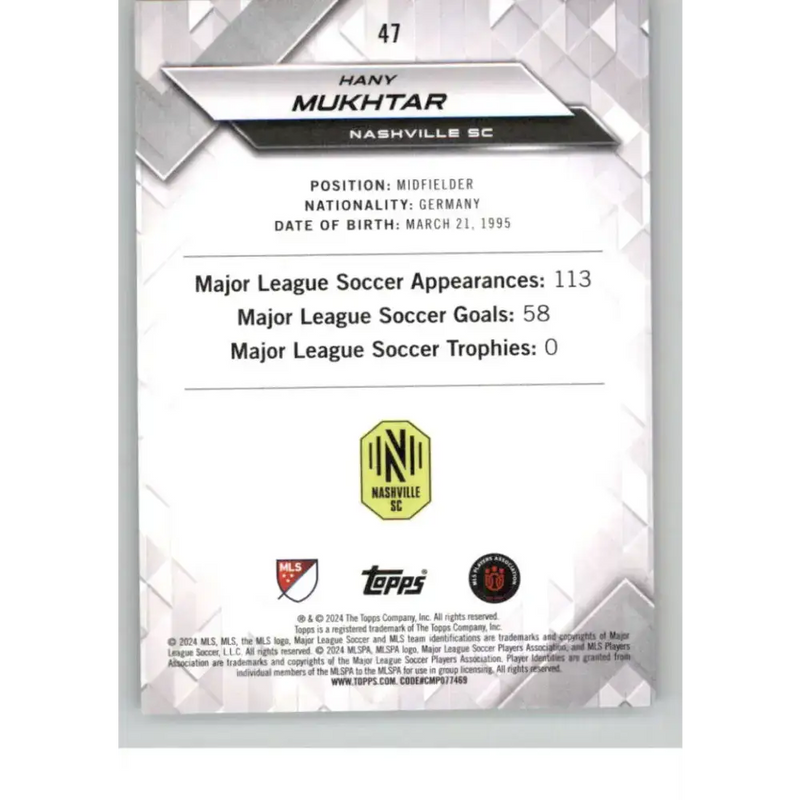 2024 Topps MLS Superstars Common Yellow #47 Hany Mukhtar NM-MT Nashville SC Soccer Card - Soccer Card Single