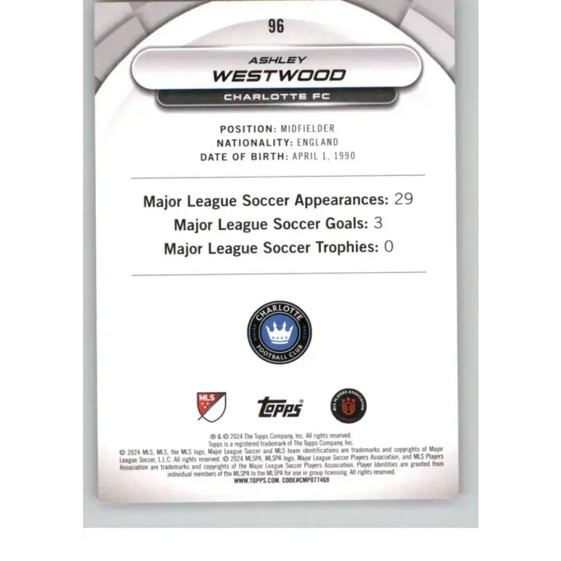 2024 Topps MLS Superstars Common Yellow #96 Ashley Westwood NM-MT Charlotte FC Soccer Card - Soccer Card Single